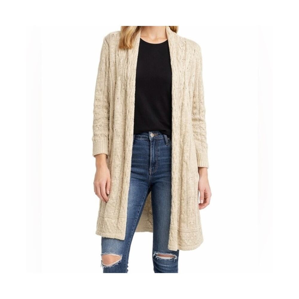 Tommy Bahama Womens Long Open Front Cardigan Sweater Beige Knit Duster Coastal